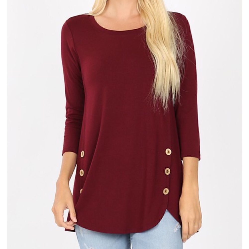 Zenana Premium Burgundy Knit 3/4 Sleeves Side Button Top, Size XL